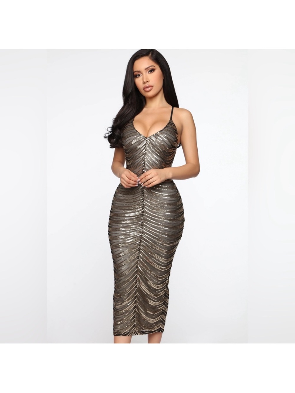 Metallic Ruched Bodycon Midi Dress - Bronze/Silver